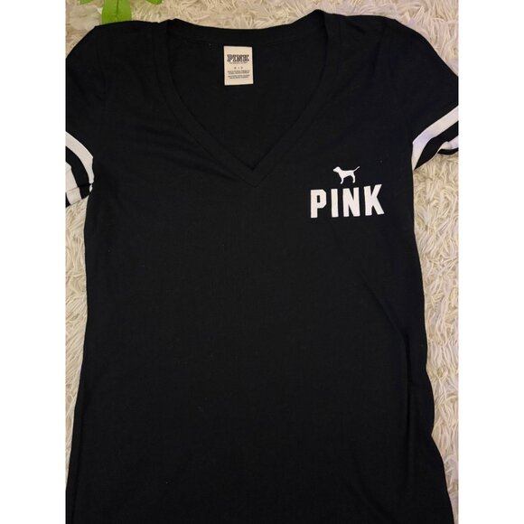 Victorias Secret Pink Black V-Neck T-Shirt With Striped Sleeves Womens Size S - Picture 5 of 11